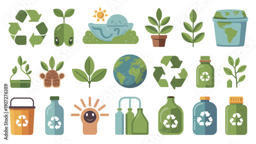 Eco friendly colored clipart set showing recycling symbols