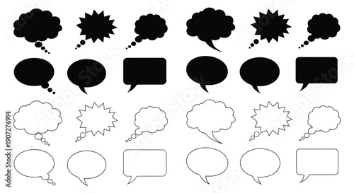 Collection of various black and white speech bubbles and thought balloons