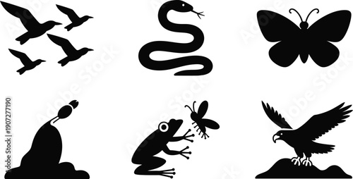 Black Wildlife Animal Silhouette Icons Set.