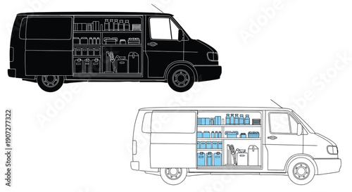 Black and white illustration of a van converted into a mobile shop