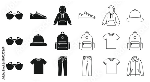Collection of minimalist black and white fashion accessory icons arranged in rows
