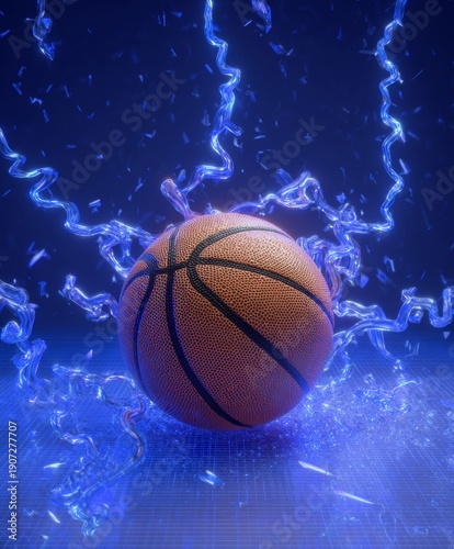 Dynamic basketball surrounded by glowing blue energy