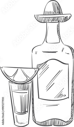 Tequila hand drawn icon. Alcohol glass bottle