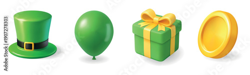 St. Patricks Day set. Leprechaun hat, green balloon, present with ribbon, and gold coin. 3D festive vector illustration