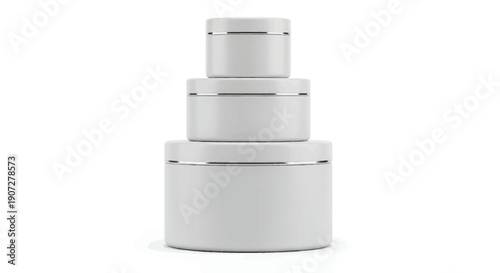Stack of white cosmetic cream jars with silver trim isolated on white background