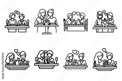 valentine romantic dinner black and white valentines day silhouette icons set