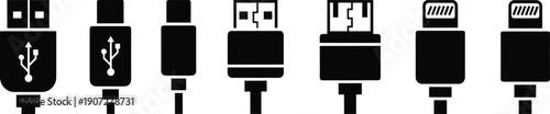 Black Silhouette Icon Set of USB and Lightning Cable Connectors Including Type-A, Type-B, Mini, Micro, Type-C, and Apple