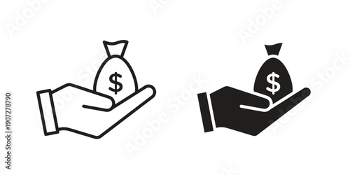 Hand holding a money bag icon. Outline and flat icons collection. EPS10
