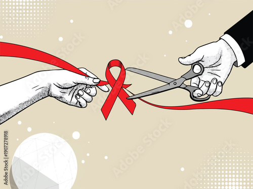 Hands holding red ribbon and scissors for cutting ceremony with beige background and white dots