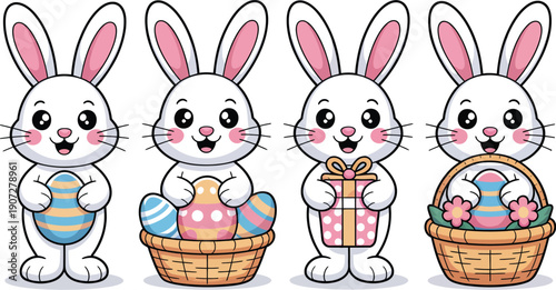 Cute easter bunny colored cliparts with rabbit characters holding eggs gifts flowers and spring holiday decorations vector illustration