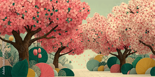 A serene landscape featuring cherry blossom trees with pink flowers and a calm lake in the background.