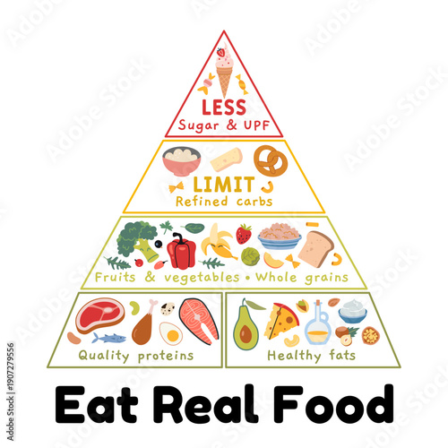 Food pyramid focused on whole foods with quality proteins, healthy fats, vegetables, fruits and whole grains. Concept vector illustration inspired by modern WHO and US dietary guideline principles