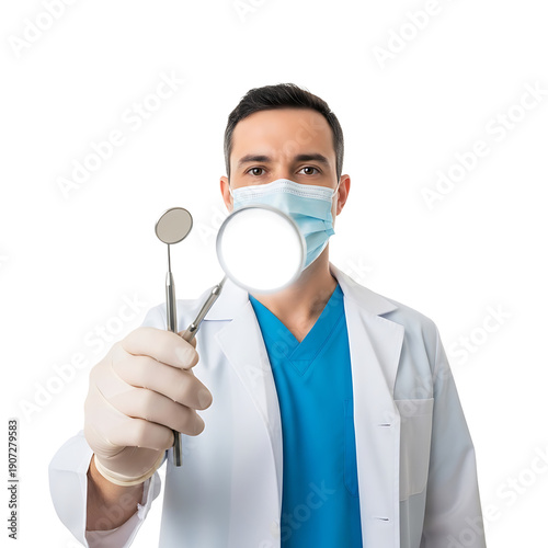 A dentist wearing a white coat and blue scrubs holds a dental mirror on transparent background