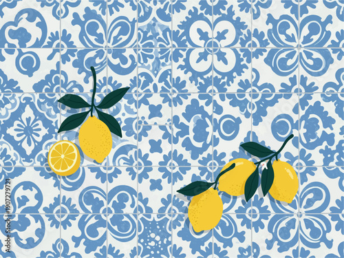 Lemons on blue and white traditional portuguese tiles with floral patterns  citruses on azulejo background