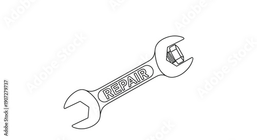 A black and white line drawing of an adjustable wrench with the word repair