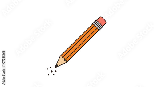 Simple vector illustration of a sharp orange pencil drawing on a white surface with small lead graphite shavings around the point.