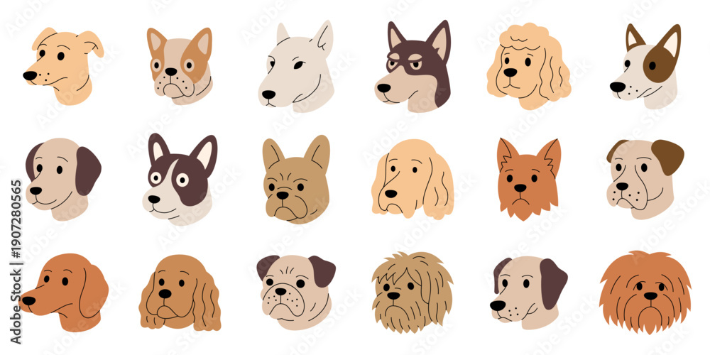 Obraz premium Cartoon dog breed set. Cute puppy faces collection for pet logos, stickers and children designs