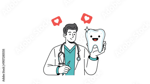 Friendly male dentist wearing a white lab coat and stethoscope while holding a large happy cartoon tooth character with a smiling face.