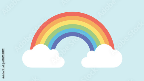 Simple and colorful rainbow arch with six distinct colors connecting two soft white clouds on a light blue sky background.