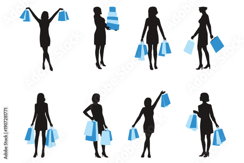 Set of eight female shopper silhouettes holding blue bags and gift boxes, walking and posing. Ideal for retail, sale, ecommerce, Black Friday, holiday shopping, and marketing banners.