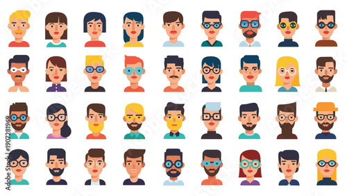 Diverse collection of forty eight human avatar icons in a grid featuring different hairstyles, facial hair, glasses, and skin tones.