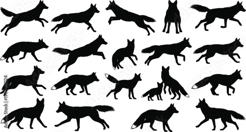 Black silhouette vector illustration of twenty foxes in various poses including running, sitting, standing, leaping, interaction, animal behavior, wildlife design
