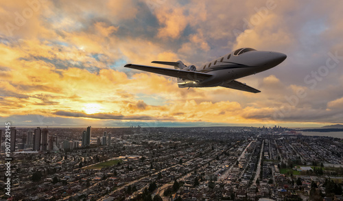 Wallpaper Mural Private Jet Over Sunset Cityscape: Luxurious Travel Amid Golden Sky Above Urban Landscape Torontodigital.ca