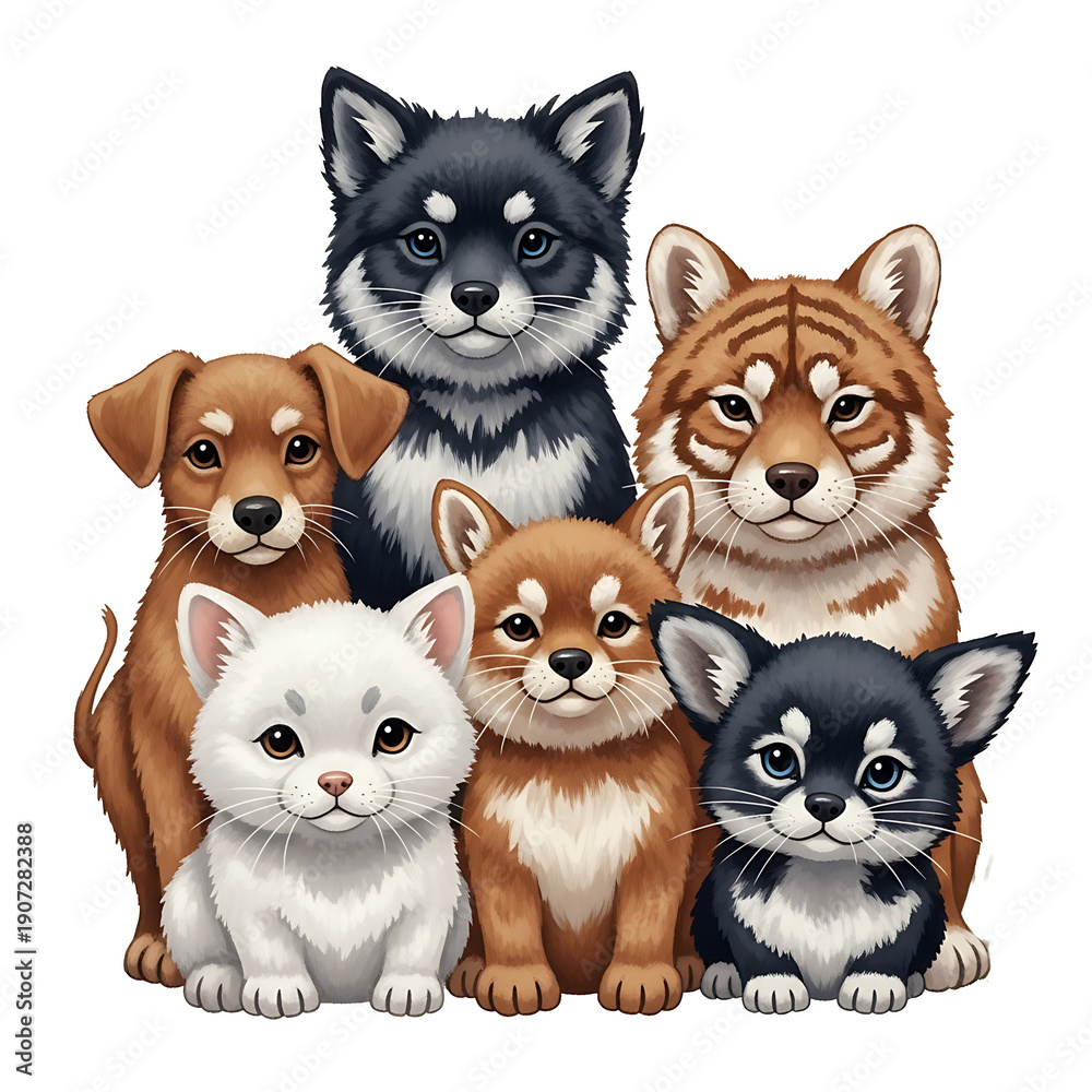Obraz premium A group of adorable cartoon animals sitting together on transparent background