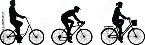 Bicycle rider silhouette set showing men and women cycling in different poses isolated on white background urban transport vector illustration