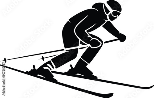 Black and white silhouette of alpine skier in crouched downhill position with helmet, goggles, ski poles, skis angled for speed and motion