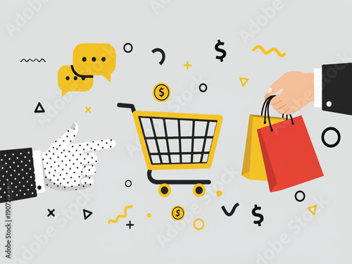 Shopping cart and hand holding shopping bags with various symbols around on grey background