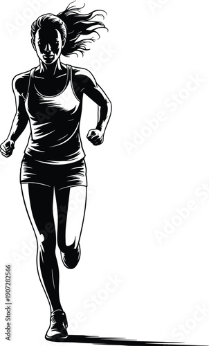 Black and white silhouette of runner in stride with flowing hair, tank top, shorts, shadow effect, dynamic motion fitness sports vector illustration
