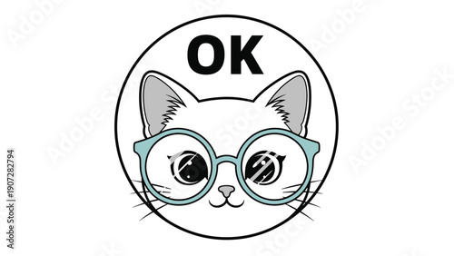 Cute white cat face wearing large round blue glasses with the word OK written above it in a simple circular badge design.