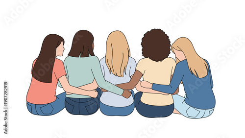 Group of five diverse women sitting in a row viewed from behind with their arms wrapped around each other in a show of friendship.
