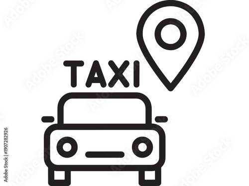Taxi location pin icon with car front view and map marker symbol, minimalist black outline pictogram for ride hailing app, navigation UI, transport sign isolated