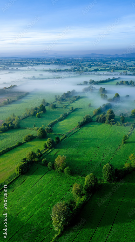 Fototapeta premium Aerial view of rolling green farmland fields representing agriculture, sustainability, and rural landscape. 