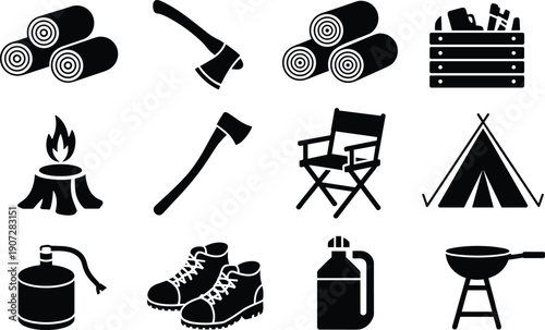Black silhouette vector illustration of camping and outdoor activity icons including tent, axe, logs, boots, chair, grill, lantern, supplies