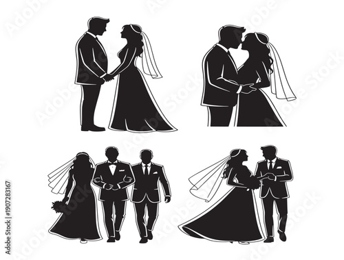Wedding couple silhouette for elegant marriage and love announcements