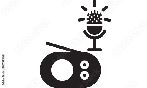 Radio voice recorder icon with microphone and sound rays, minimal black glyph silhouette for podcast, broadcast, audio recording, speech recognition app UI