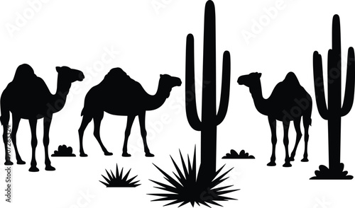 Black silhouette vector illustration of desert scene with camels, cacti, shrubs, wildlife, nature, environment, animals, plants, minimal design
