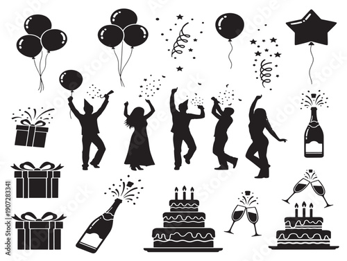 Party celebration silhouette with festive balloons and joyful gathering