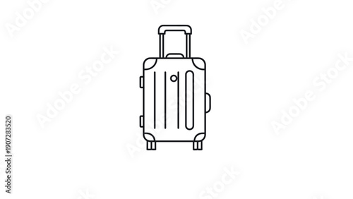 Simple black line art illustration of a rolling suitcase for travel with a telescopic handle and wheels on a white background.