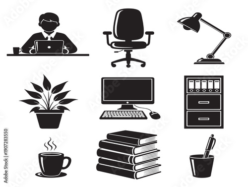 Office workspace silhouette with a modern and efficient workstation