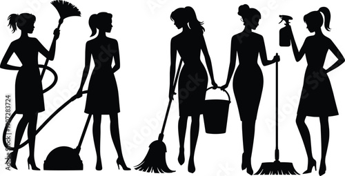 Black silhouette vector illustration of five women holding cleaning tools including vacuum, duster, mop, broom, spray bottle, domestic work, empowerment