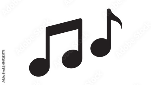 Music notes icon with two black quaver symbols isolated on white background, minimal flat silhouette design for audio app, sound logo, rhythm concept, UI and web