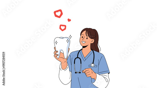 Professional female dentist holding a large shiny tooth with floating heart icons to represent dental care and love for oral health.