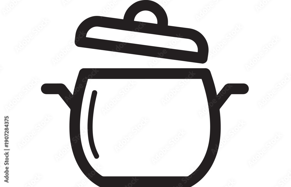 Obraz premium Pot cooking icon with lid and side handles, bold black outline pictogram isolated on white background, simple kitchen symbol for apps, menus, signage, and UI design