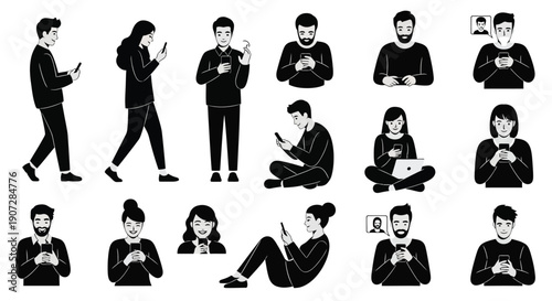 Diverse group of people engrossed with their mobile devices and laptops