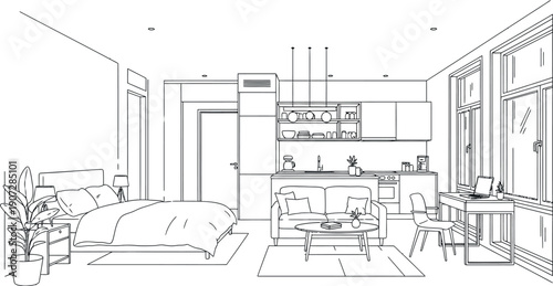 Minimalist black and white line art sketch illustrating the interior design layout of a modern open concept studio apartment featuring distinct sleeping kitchen and living areas