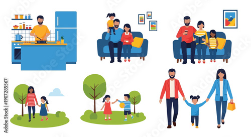 A happy family depicted in various everyday scenes within and outdoors